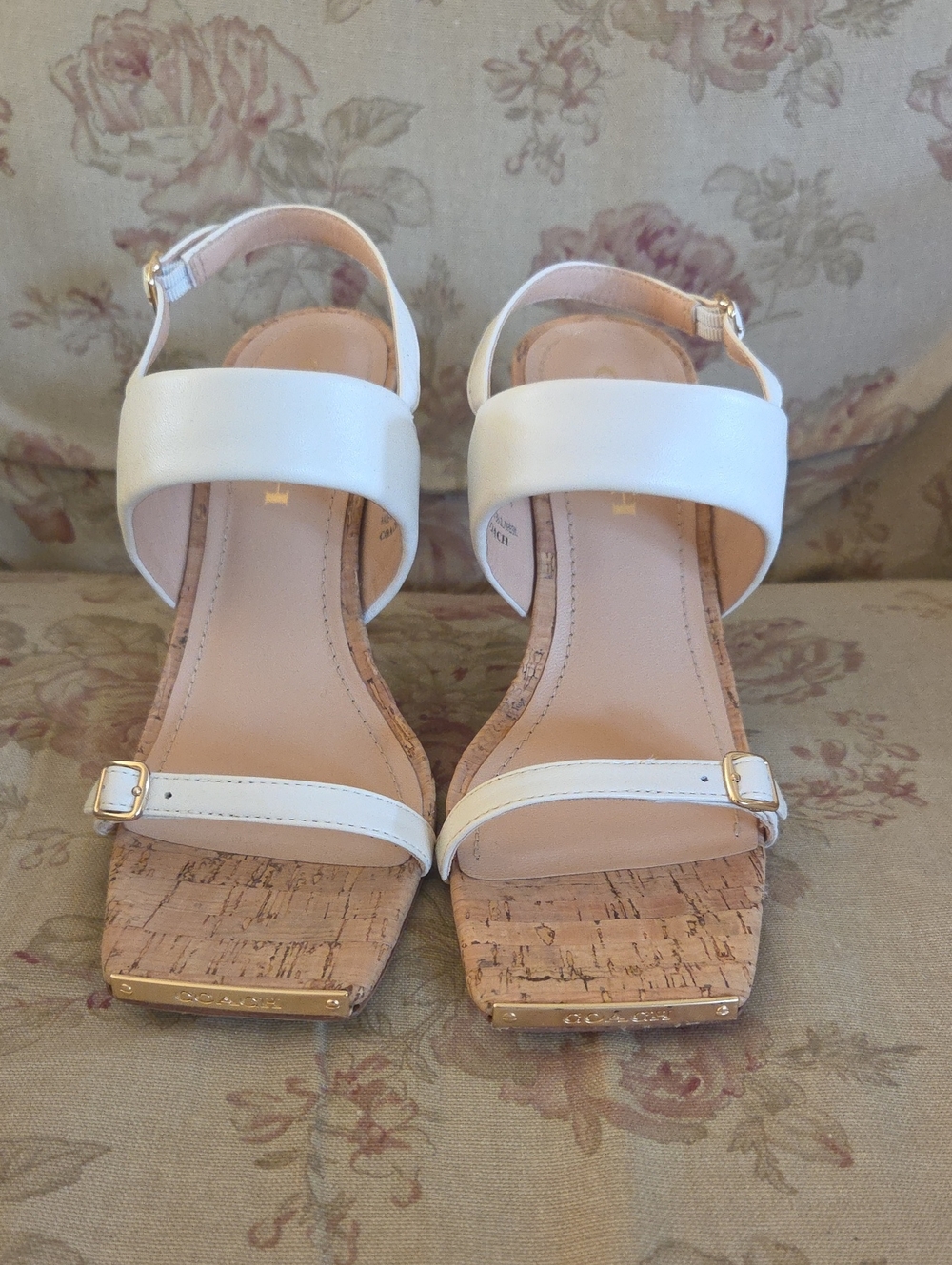 Coach White Strappy Cork Block Heel Sandals